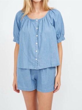 Marea by liz joy Chambray Everly Top XL Cotton Blouse Pouf sleeves
